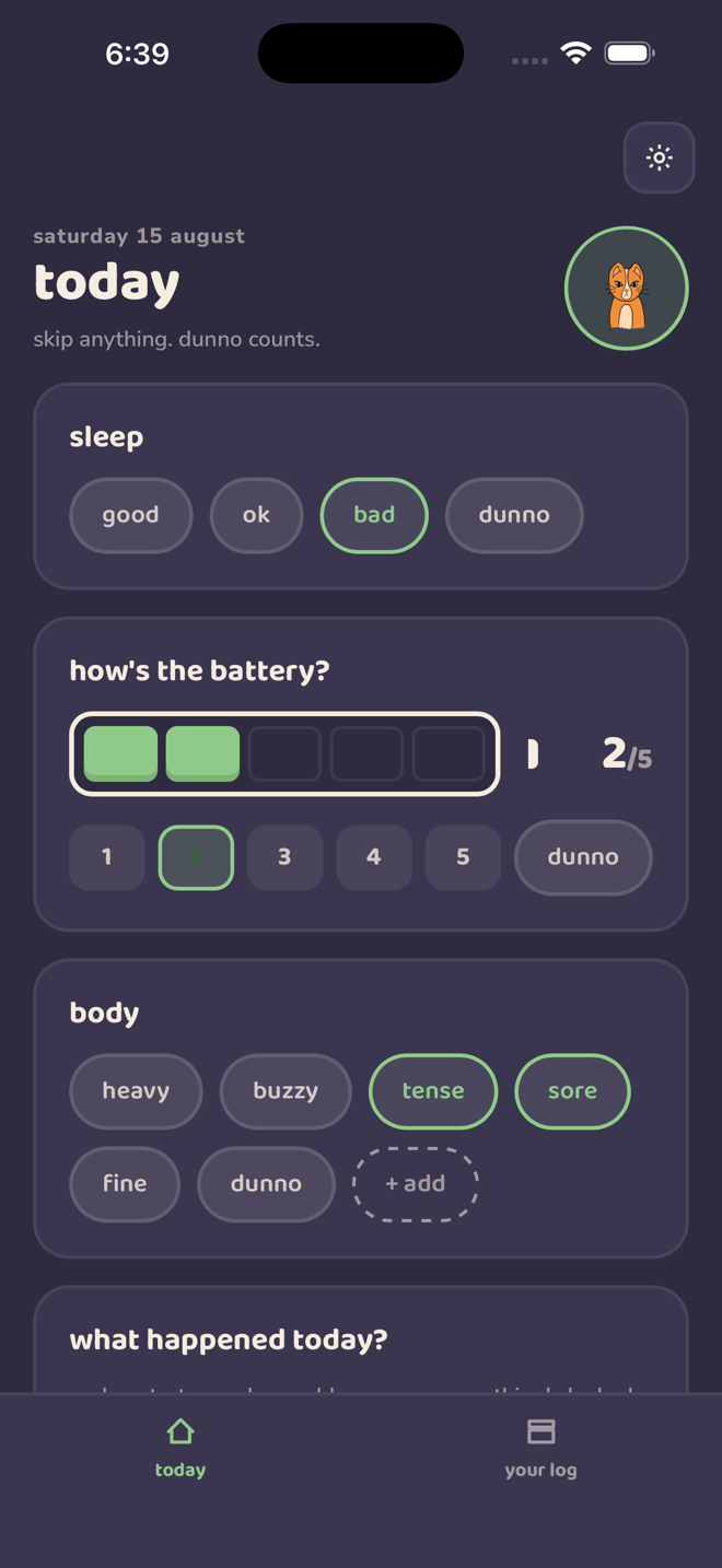 the daily check-in — sleep, battery, and body, answered in taps