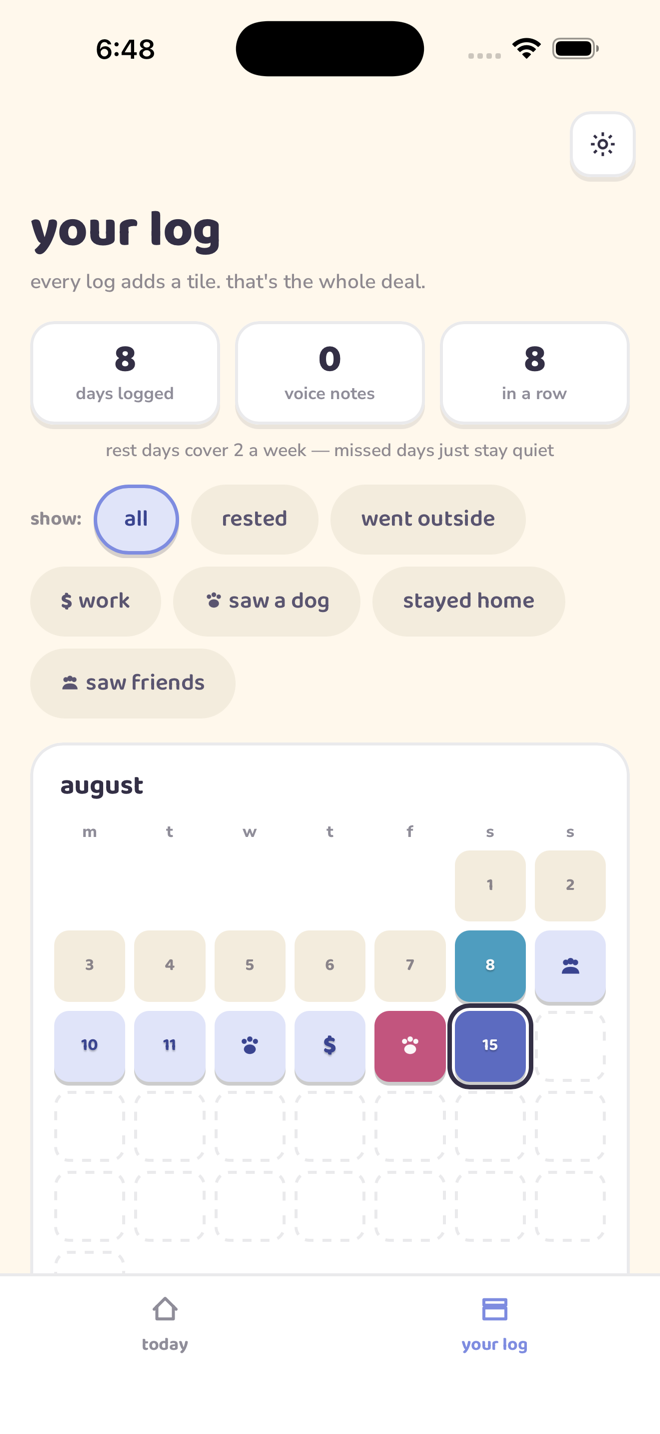your log — a month filling in as coloured tiles